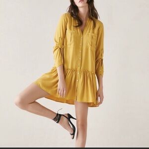 Zara Mustard Yellow Button-Front Ruffle Hem Shirt Dress